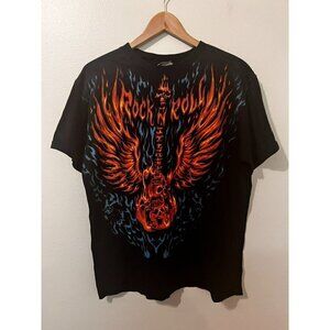 Men's Liquid Blue Fire Skull Rock N Roll Guitar Tee Size L [EXCELLENT]